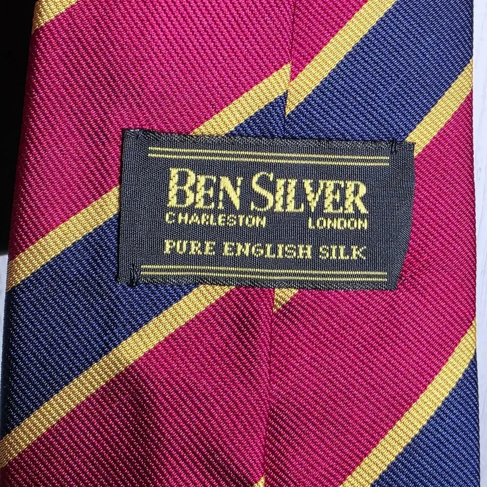 Ben Silver Charleston Pure English Silk Regimental Stripe Tie Red Navy Gold